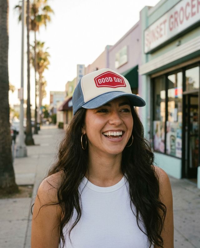 Winning ad: woman in GOOD DAY trucker cap laughing on an LA sidewalk